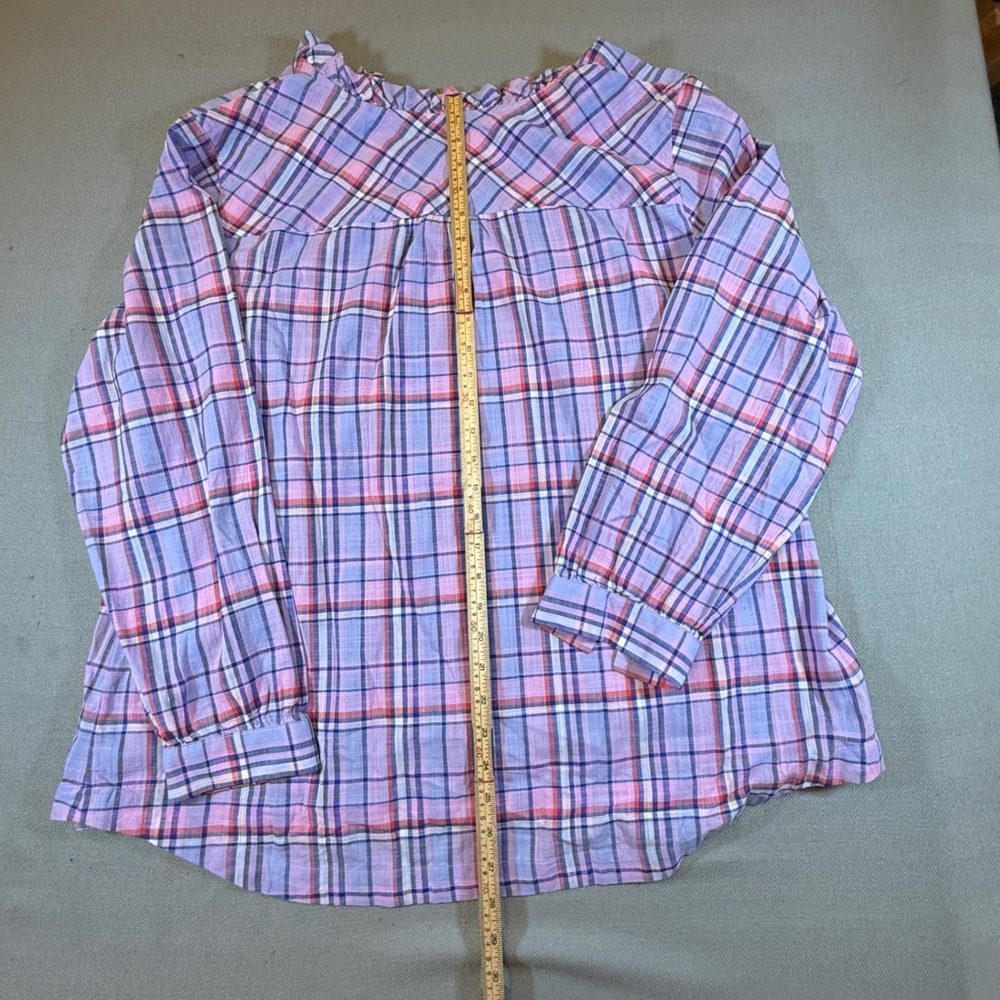 Talbots Woman 2X Purple Pink Plaid Ruffle Neck Cotton Blouse Long Sleeve 2246 - Picture 6 of 7